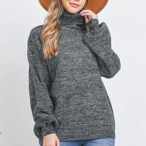 Turtleneck Melange Balloon Sleeve Sweater "CHARCOAL"